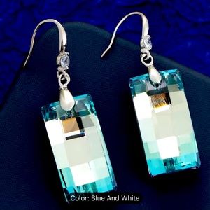 Blue white rectangle crystal 925 sterling silver earrings